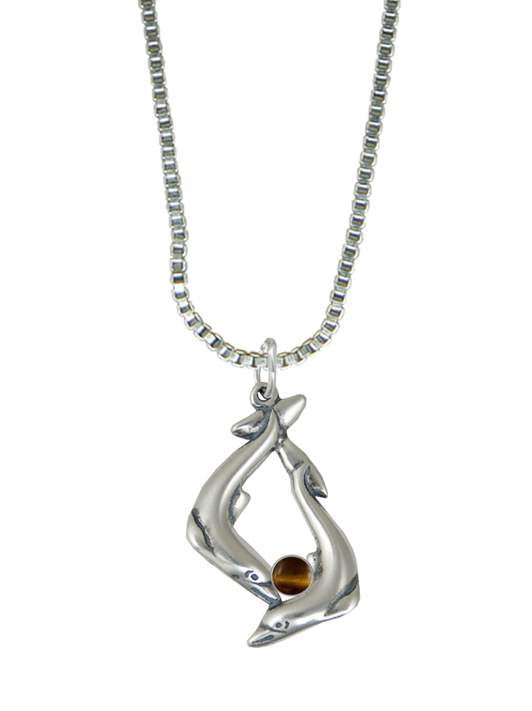 Sterling Silver Dolphins Pendant With Tiger Eye